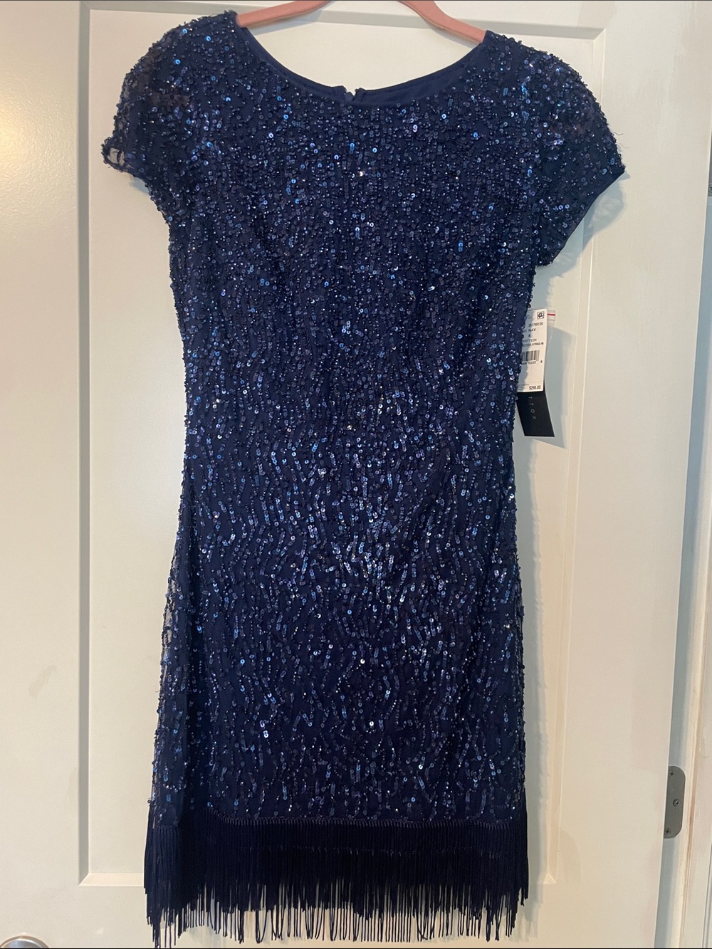 Aidan Mattox Navy Blue Sequin Fringe Cocktail Dress